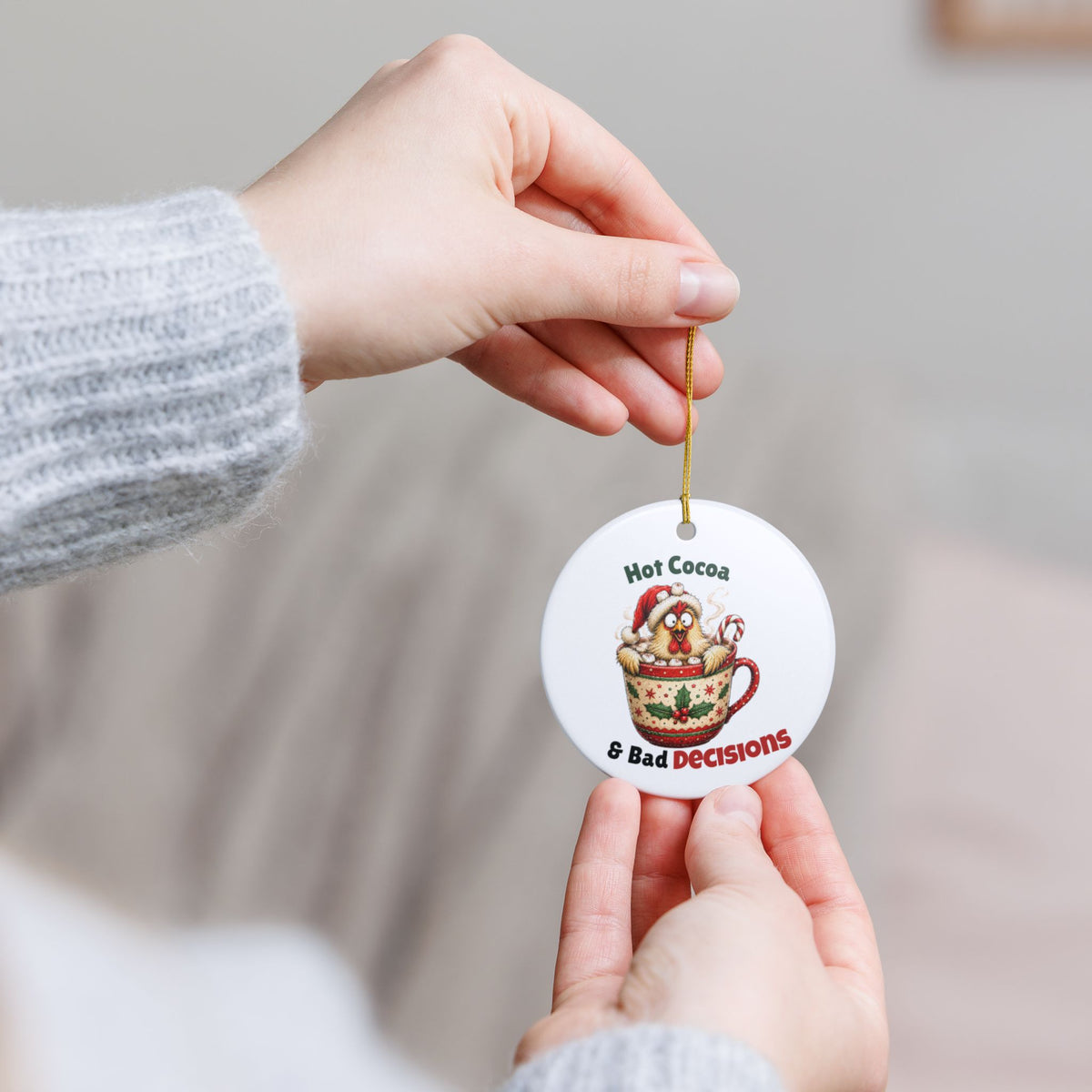 Funny Chicken Christmas Ornament – Hot Cocoa & Bad Decisions