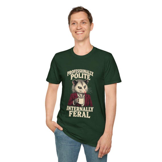 Model wearing forest green opossum T-shirt