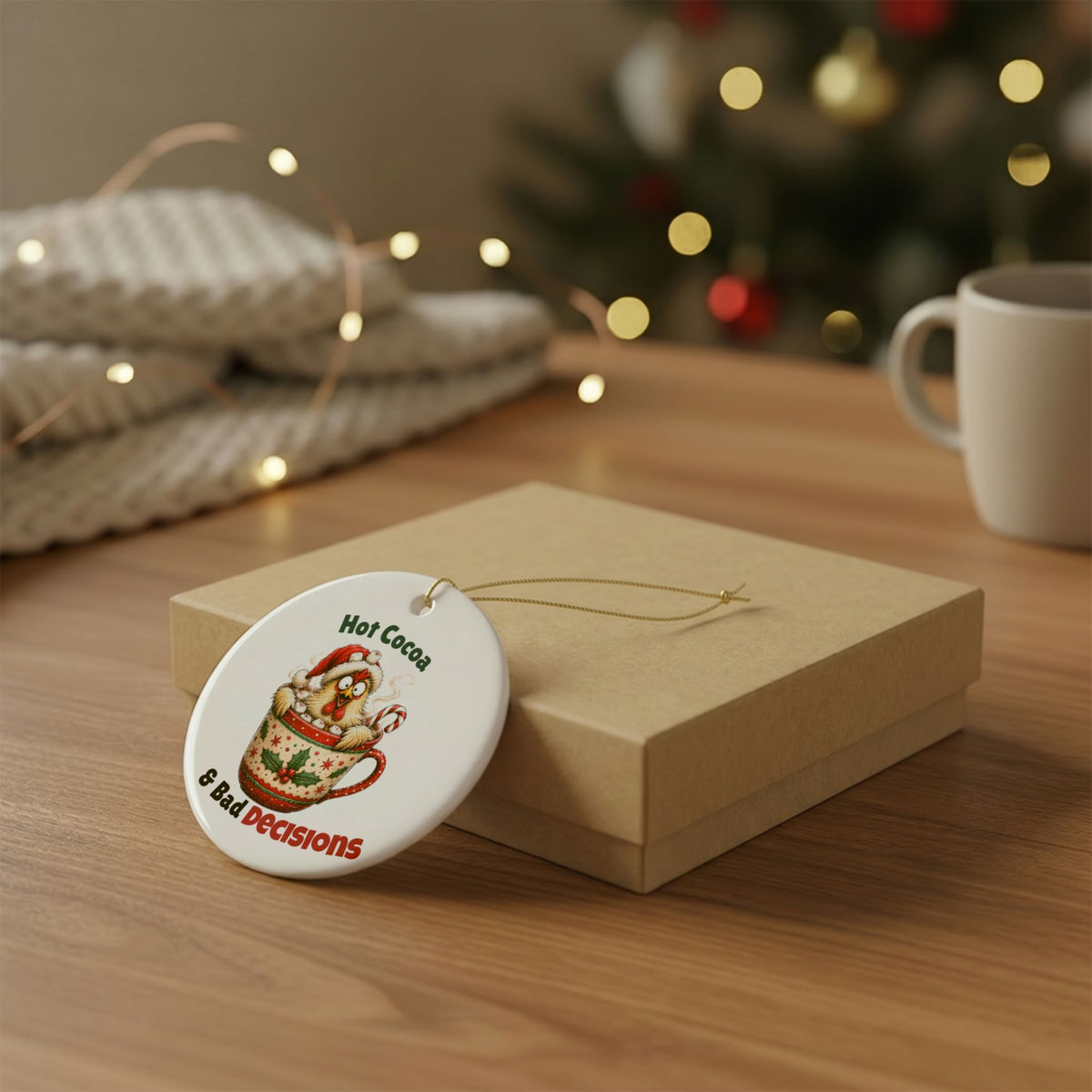 Funny Chicken Christmas Ornament – Hot Cocoa & Bad Decisions