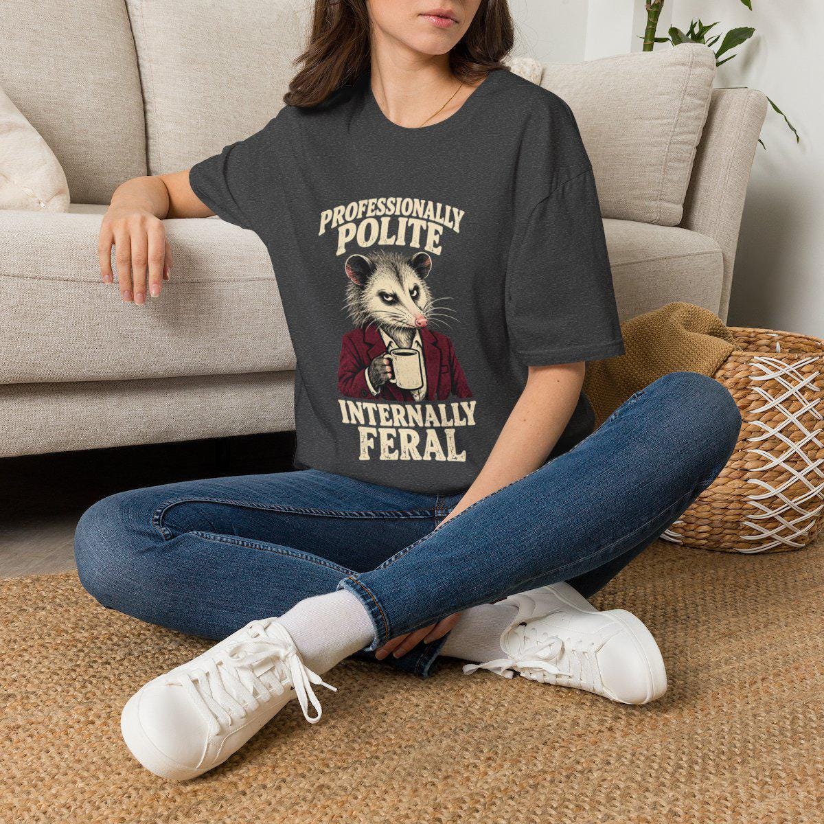 Dark heather opossum shirt lifestyle mockup